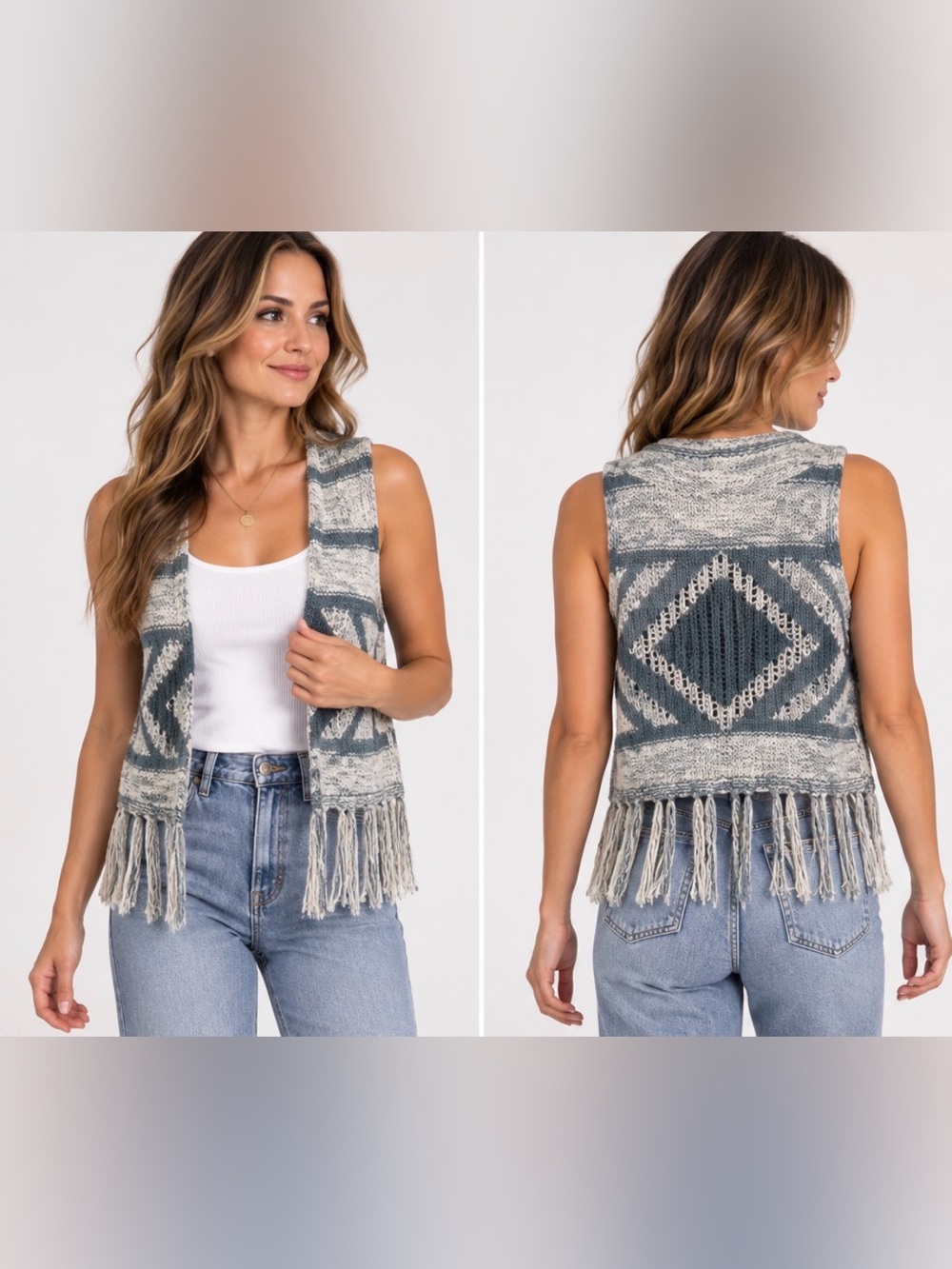 Pink Rose Geometric Knit Fringe Vest Boho Southwestern Open Front